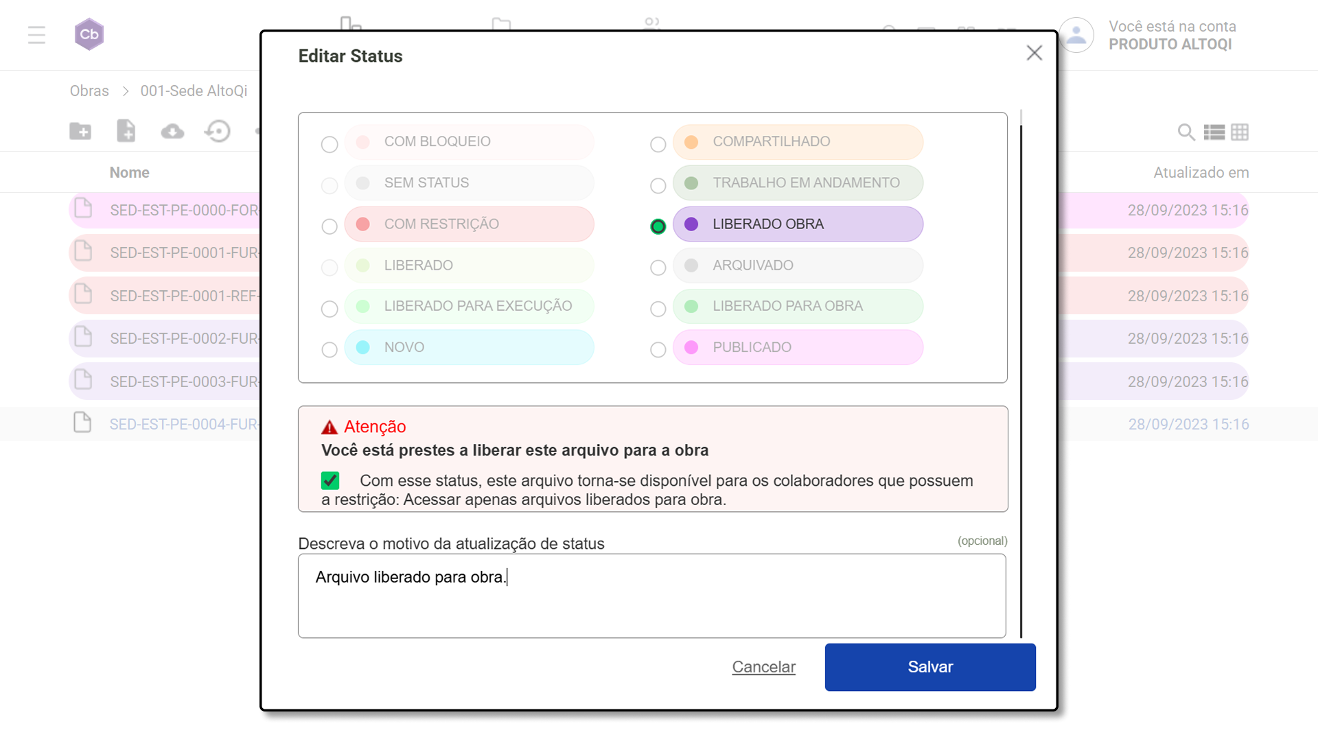 5 - Novo status “Liberado para obra”