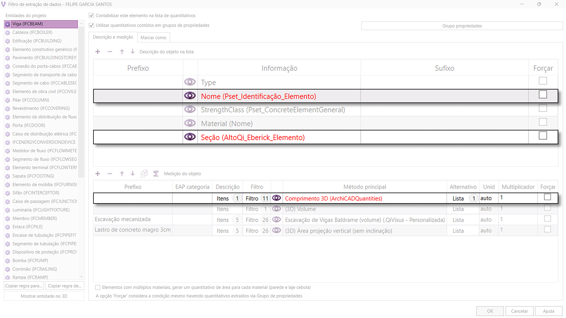 7 - Destaque em vermelho de propriedades IFC ausentes