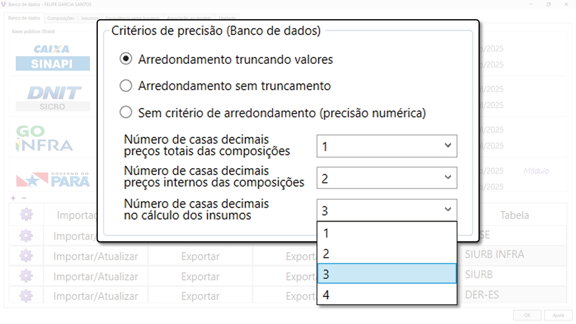 8 - Novos critérios de arredondamento e precisão nas bases de orçamento